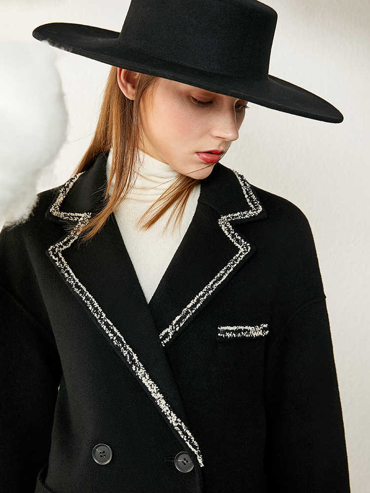 Minimalism Winter Fashion Woolen Suit Coat 100%wool Temperament Spliced Tassel Lapel Double breasted Female 1345 210527