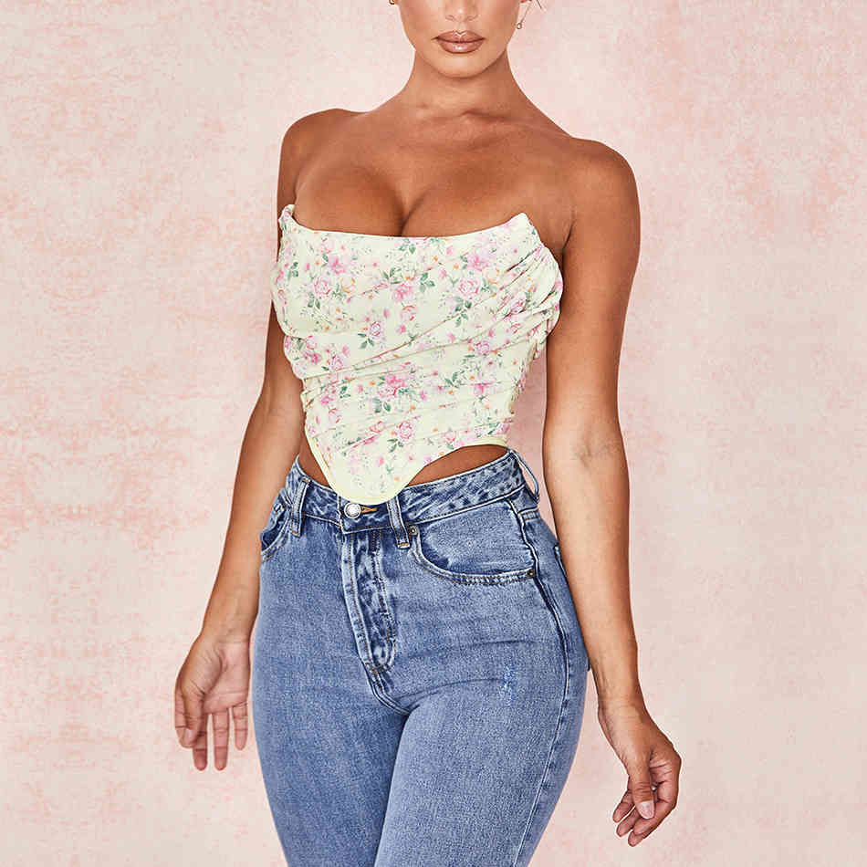 Summer Women Fashion Floral Strapless Tops Sexy Sleeveless Club Celebrity Runway Party Out Wear Casual Crop 210423