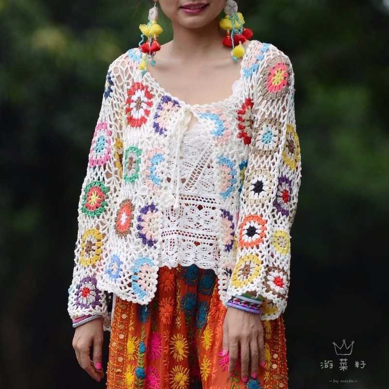 Hollow crochet sweater jacket spring and autumn fashion women's loose ethnic style cardigan casual 210914