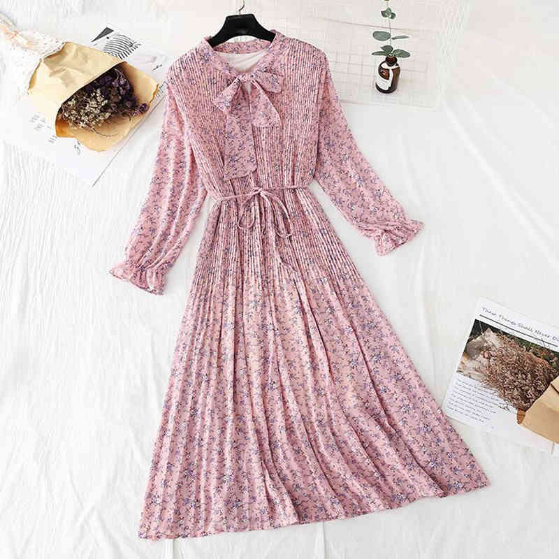 Elegant Women Floral Print Midi Dress Female Casual Long Sleeve Pleated Chiffon Dresses Vintage Bow Ruffle A-line Dress Vestido 210521