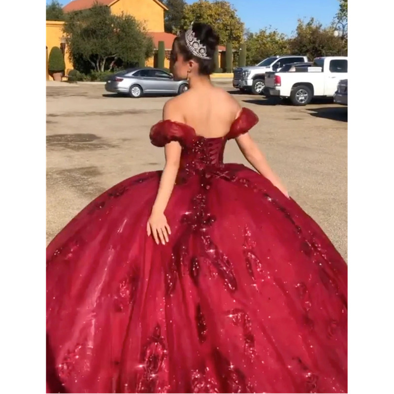 New Arrival Burgundy Sweet 16 Ball Gown Quinceanera Dresses Beaded Off Shoulder Vestido De 15 Anos Quinceanera Vestido Novia