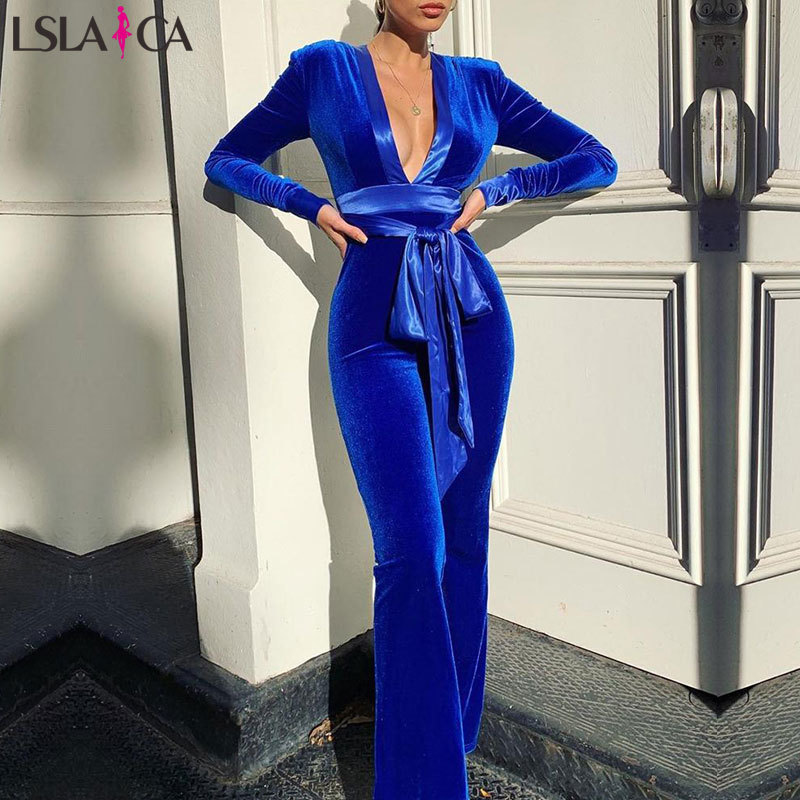 Jumpsuit long sleeve V-neck and waist bandage casual women jumpsuit blue streetwear elegant party autumn winter 210515
