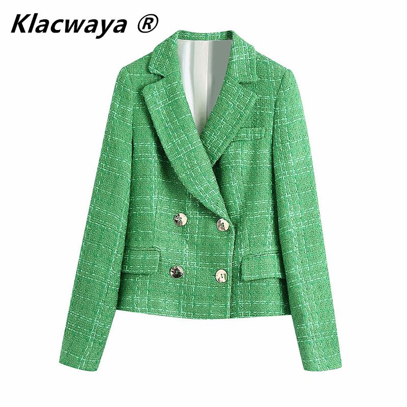 Women's Za Green Plaid Tweed Notched Double-Breasted Fitted Blazers Female Casual Long sleeve pockets Short Coats Mujer 210521
Women's Za Green Plaid Tweed Notched Double-Breasted Fitted Blazers Female Casual Long sleeve pockets Short Coats Mujer 210521