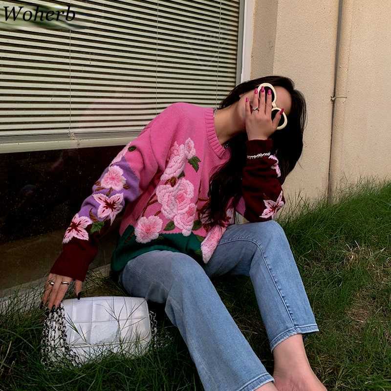 Woherb Flower Embroidery Sweaters Sweet Cute Korean Fashion Clothing Women Pullover Knitwear Autumn O-neck Vintage Jumper Tops 211014