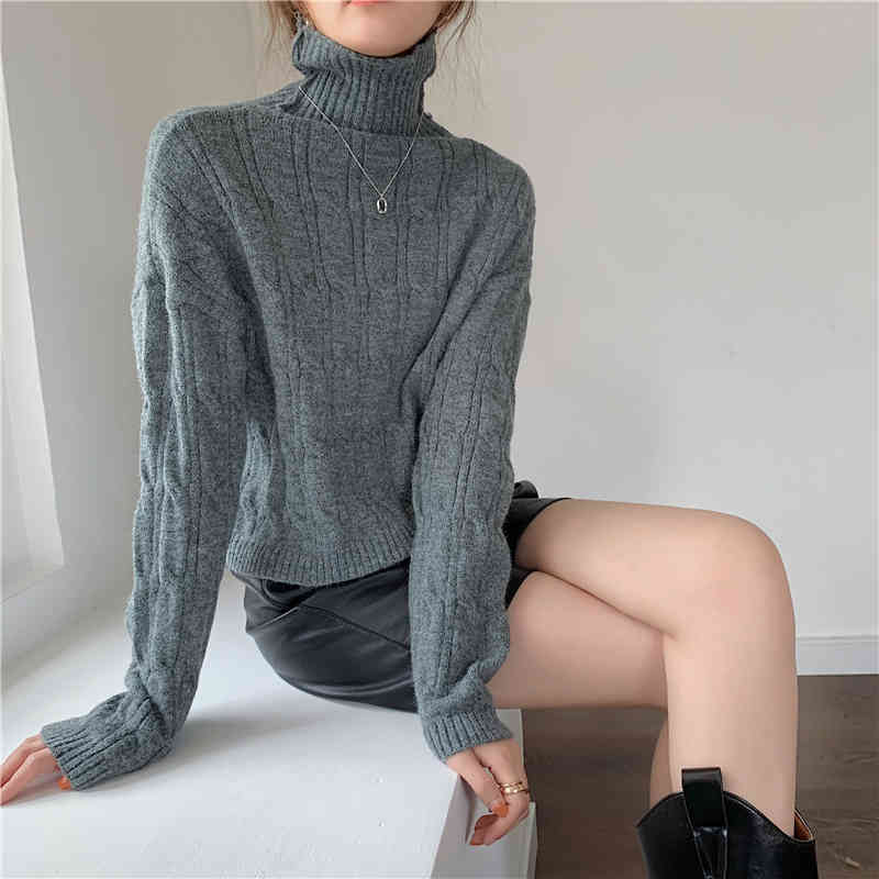 Autumn Winter OL Outwear Vintage Turtleneck Twist Sweater Women Short Tops Elegant Long Sleeve Knitted Sweaters 210421