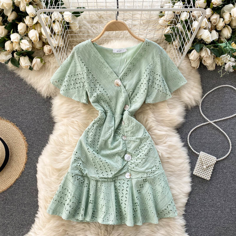 LFL Summer Casual Chic Streetwear Mini Dress Women Hollow Ruffles Dress Korean V Neck Short Sleeve Button A-line Dresses 210521