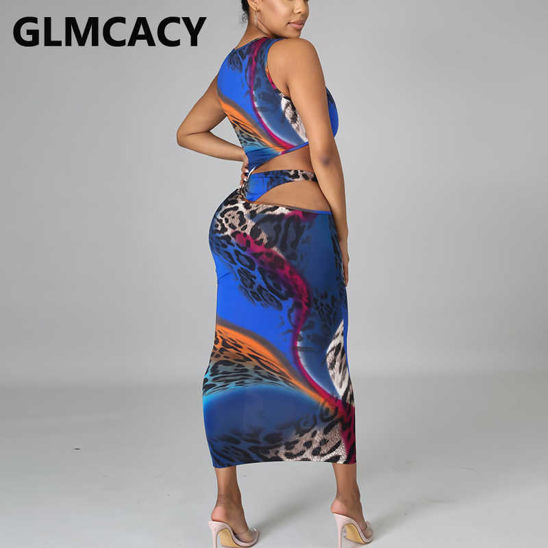 Sleeveless O Neck Cut Out Dress Sexy Leopard Slim Maxi Dresses 210702