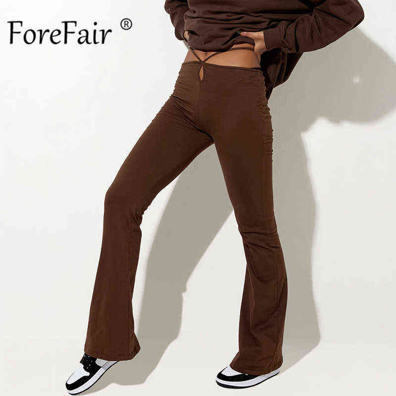 Forefair Women Cut Out Bandage Flare Pants Trousers Autumn Winter Fashion Casual Club Party Sexy Black Female 211115
