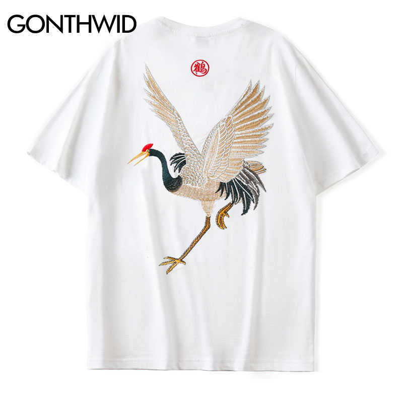 GONTHWID Harajuku Embroidery Crane Tees Shirts Mens Hip Hop Streetwear Tshirts Summer Fashion Casual Short Sleeve Tops Male 210623