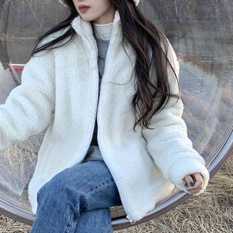 3 colors autumn and winter korean style stand collar solid color lamb wool thick warm coats and jackets womens (C2956) 210423