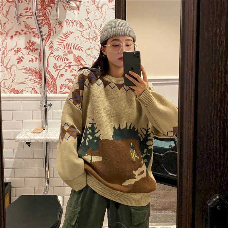 Round neck long-sleeved sweater women spring autumn Korean version loose student retro pattern knit slim top 210526