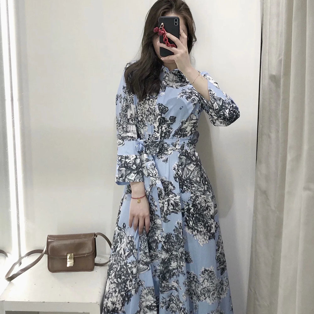 BBWM Women Chic Fashion With Belt Print Midi Shirt Dress Vintage Long Sleeve Button-up Female Dresses Vestidos Mujer 210520
