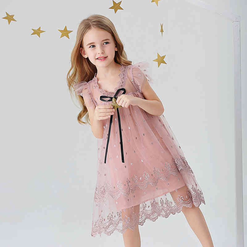 Girls Princess Dress Summer Kids Elegant Mesh Clothes Embroidery Floral Children Baby 210429