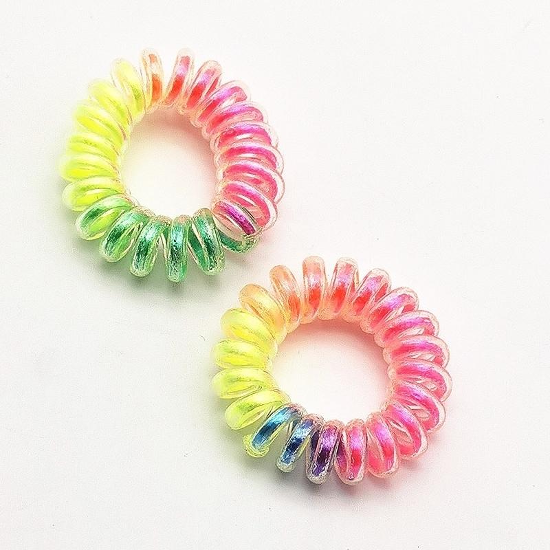 Women Girls Elastic Hairbands Spiral Shape Coil Hair Ties Circle Telephone Wire Line Headband Rainbow Gradient Headwear Accessories