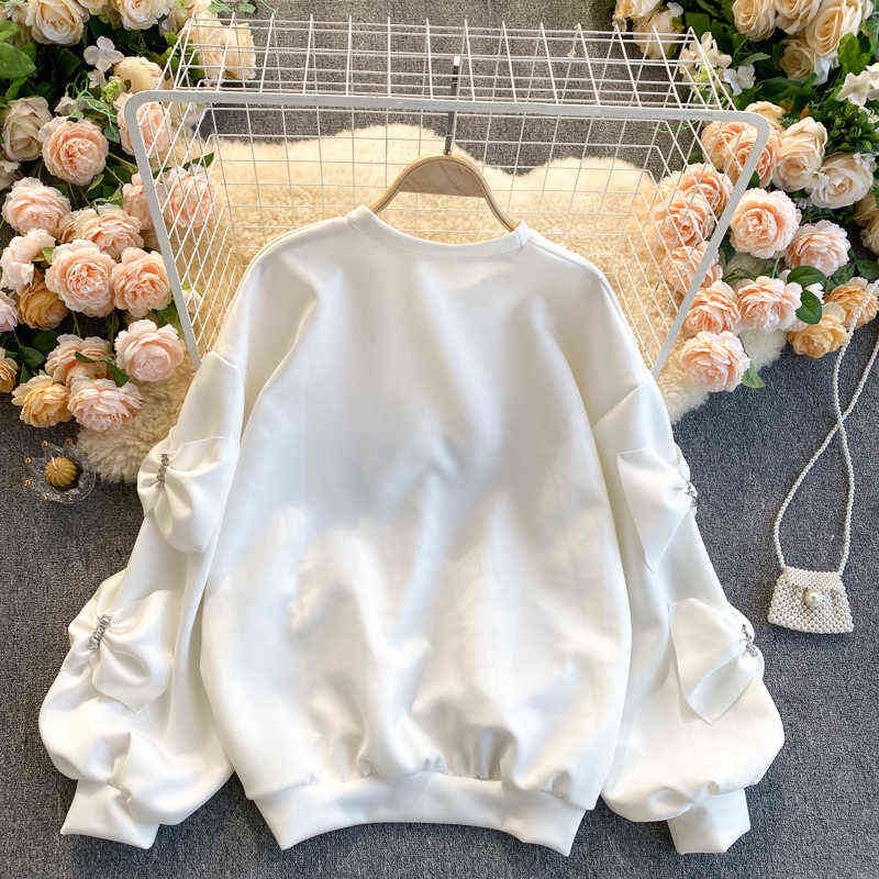 Nomikuma Korean Diamonds Bowknot Pullover Sweatshirt Causal Long Sleeve O-neck Hoodies Spring Sweet Women Jumper 6E145 211109