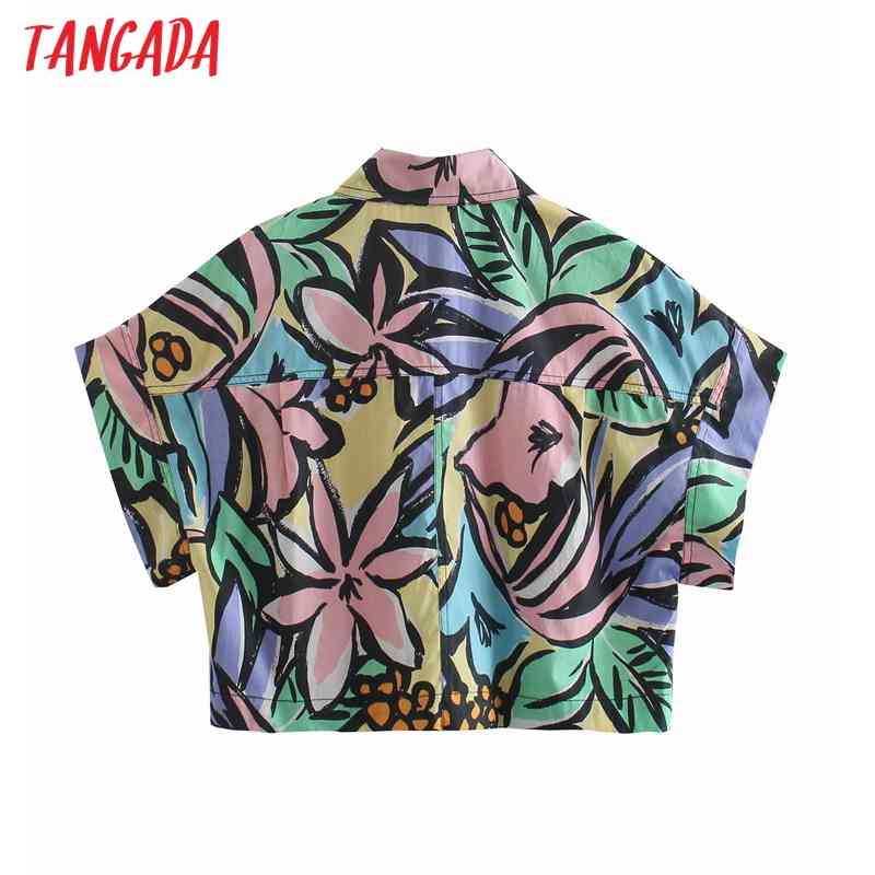 Women Retro Flowers Print Oversize Summer Sleeve Chic Female Short Blouse Shirt Tops 2W90 210416
