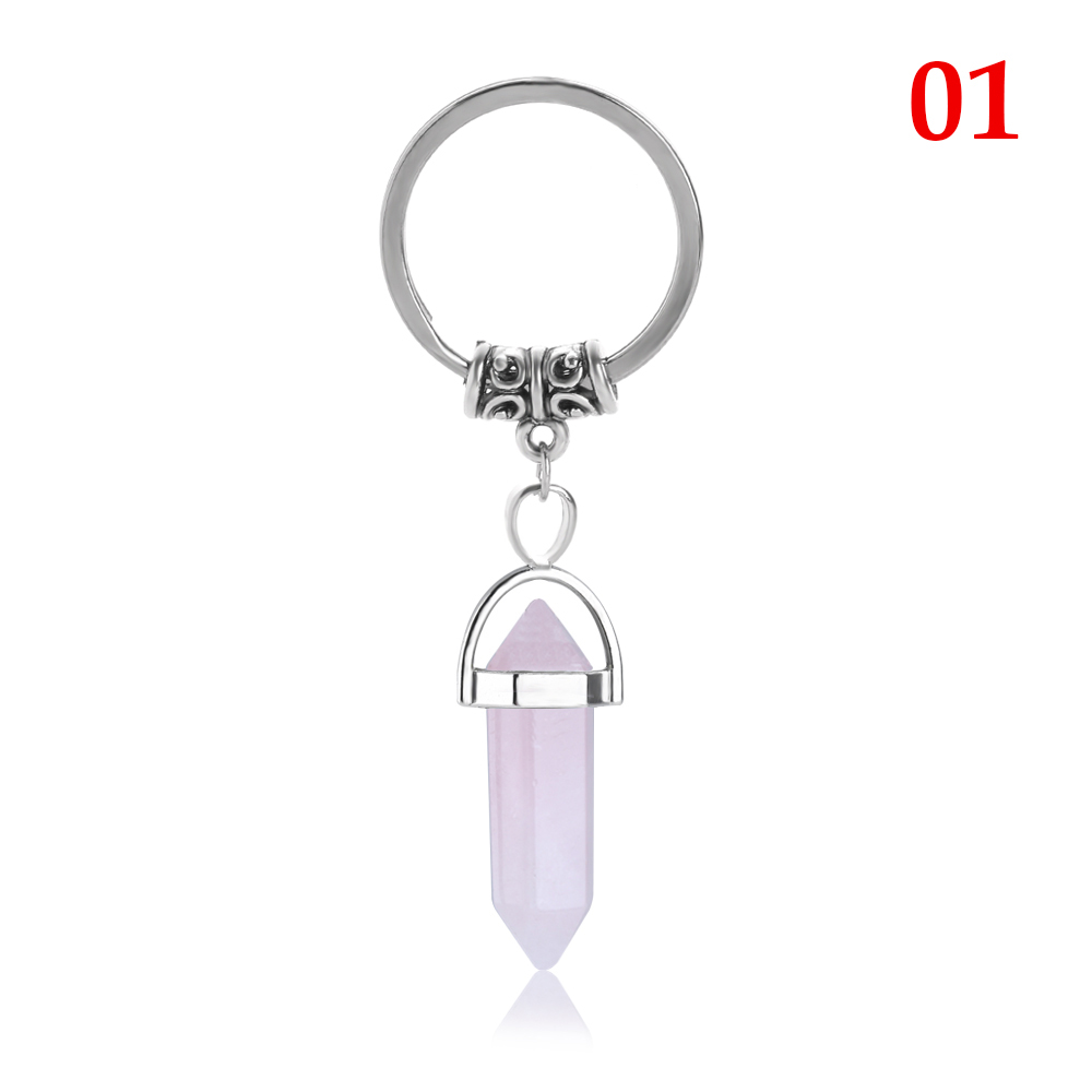 Natural Stone hexagonal prism Keychains Silver Color Healing Pink Crystal Car Decor key rings Keyholder for Women Men