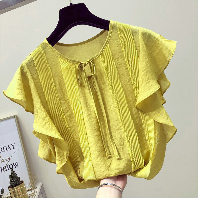 Summer Retro Women Chiffon Blouses Chic Short Sleeve Ruffles Solid Elegance Sweet All Match Girls Shirts Blusas25934 210519