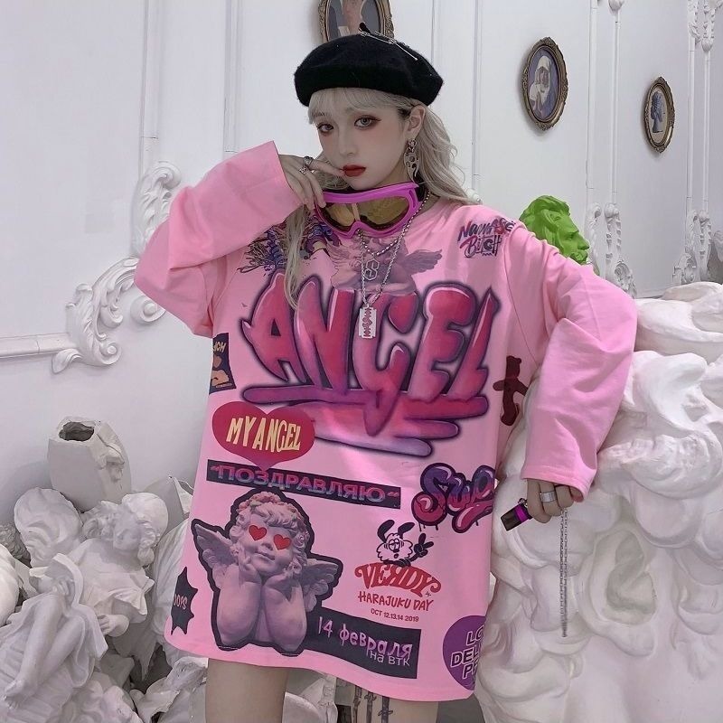 QWEEK Y2k Aesthetic Woman Tshirts Angel Print Tops Long Sleeve Harajuku Femme T-shirts Fashion Streetwear Women Clothing 210406