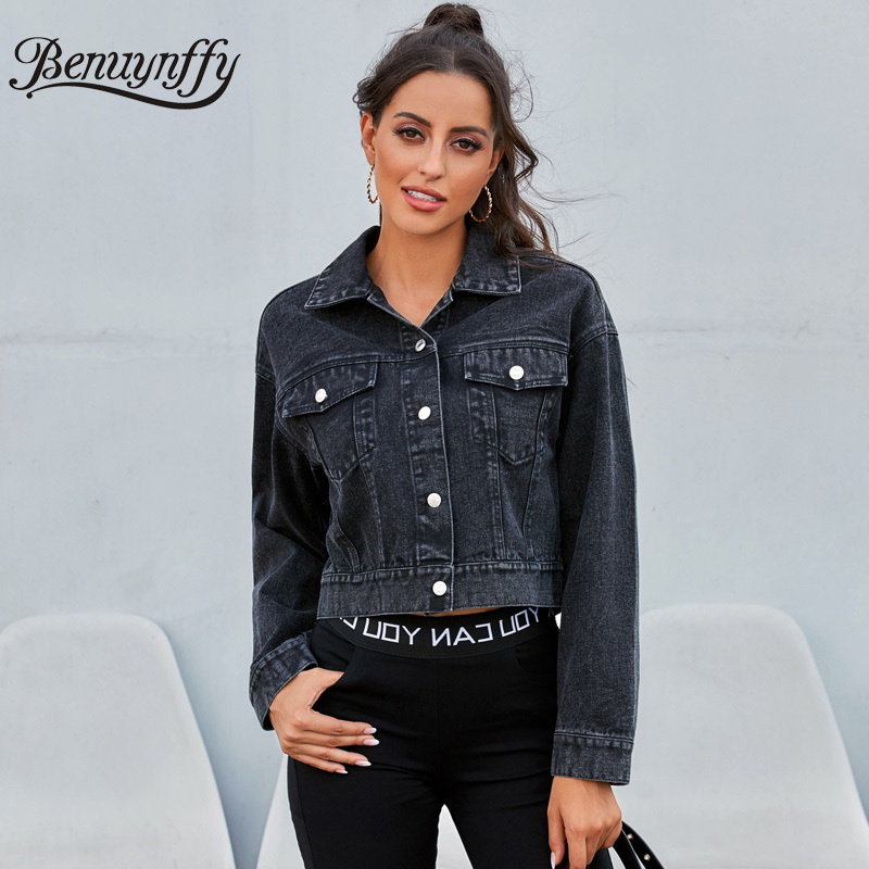 Spring and Autumn Black Denim Jacket Women Single-breasted Long Sleeve Crop Female Outerwear Jean Coats 210510
