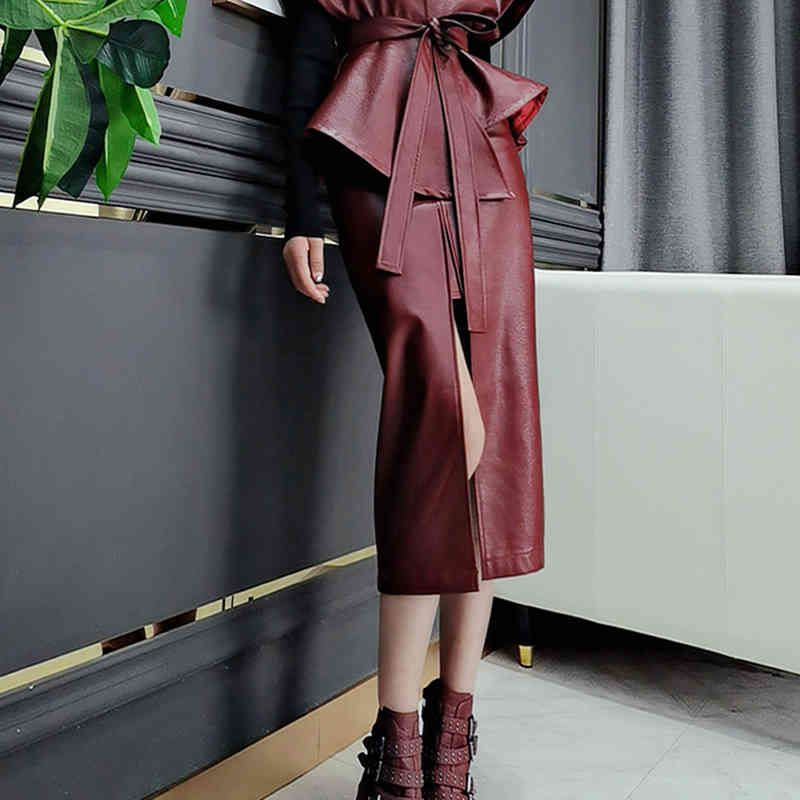 PU Leather skirt for women high waist front split solid slim midi skirts female autumn fashion clothes style 210521