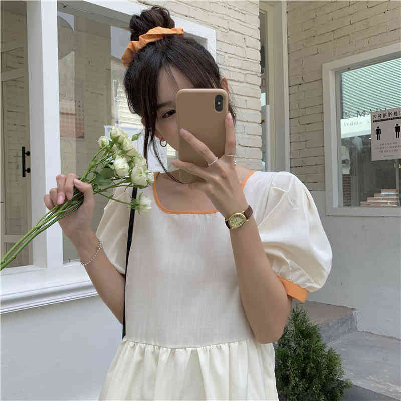 Elegant Women's Boho Dress Summer Contrast Patchwork Square Collar Puff Sleeve Casual Long Party 210519