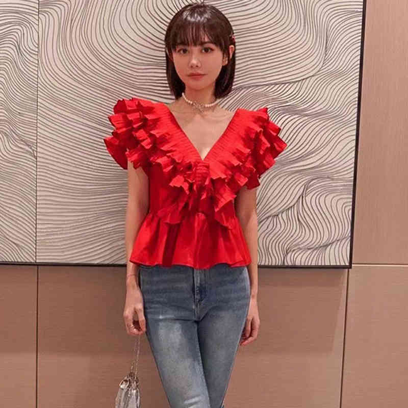 Vintage Patchwork Ruffle Shirt For Women V Neck Short Sleeve Elegant Blouse Female Fashion Clothing Style 210524