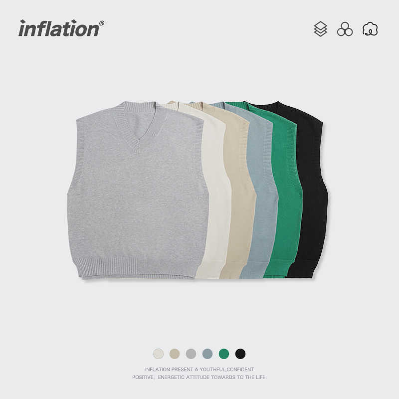INFLATION Harajuku V-neck Sweater Vest Men Women Oversized Knitted Vest Fashion Matching Sleeveless Sweater Men Pullovers 211018