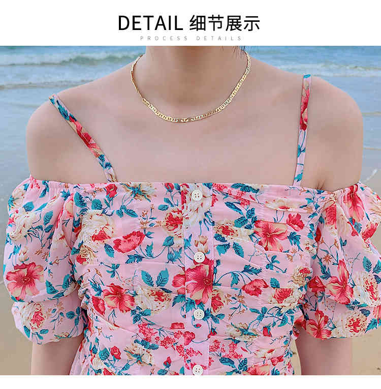 Summer Women Fashion Floral Print Spaghetti Strap Chiffon Dress Sexy Off Shoulder Beach Boho Long 210519
