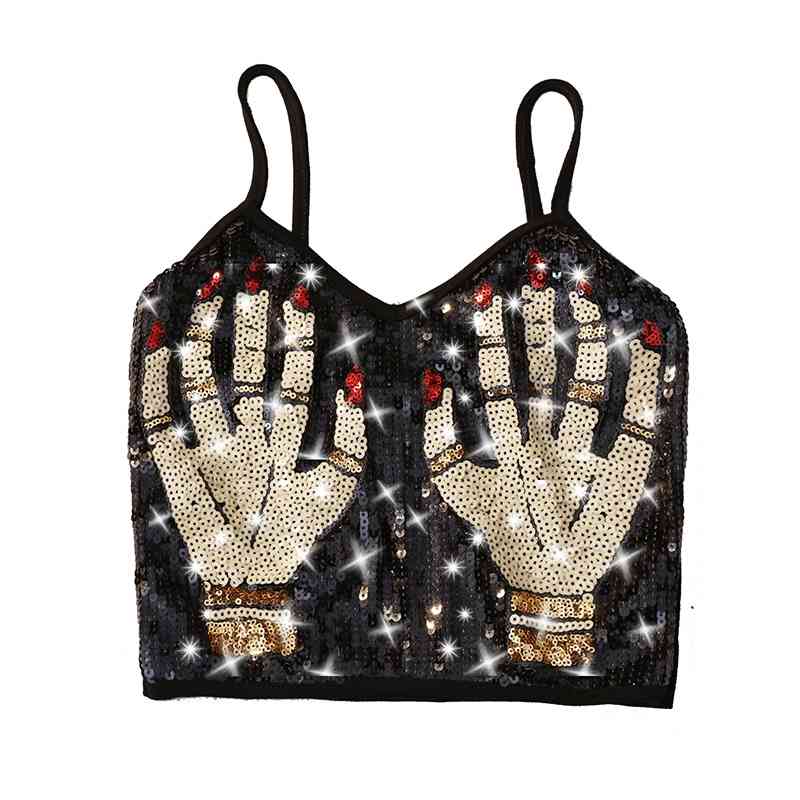 Fashion Women Crop Tops Summer Palm Beaded Sequins Spaghetti Strap Black Short T Shirt Woman Sexy Top 210625