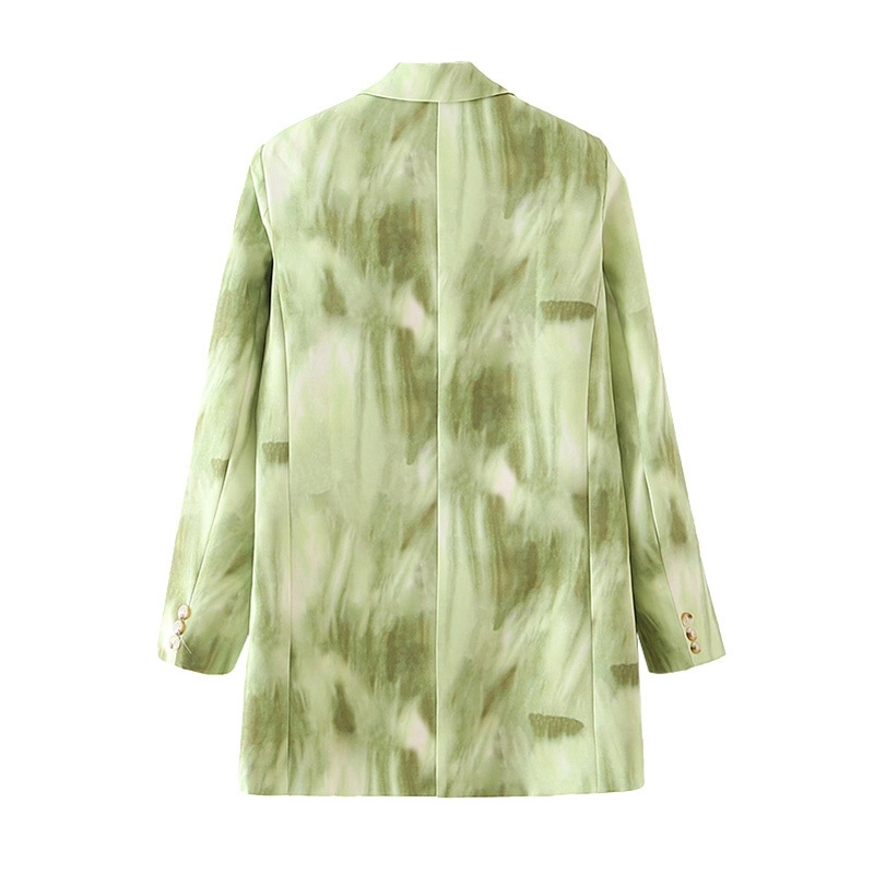 fashion women notched collar blazer office ladies gradient green print jackets casual female pocket suits girls chic 210430