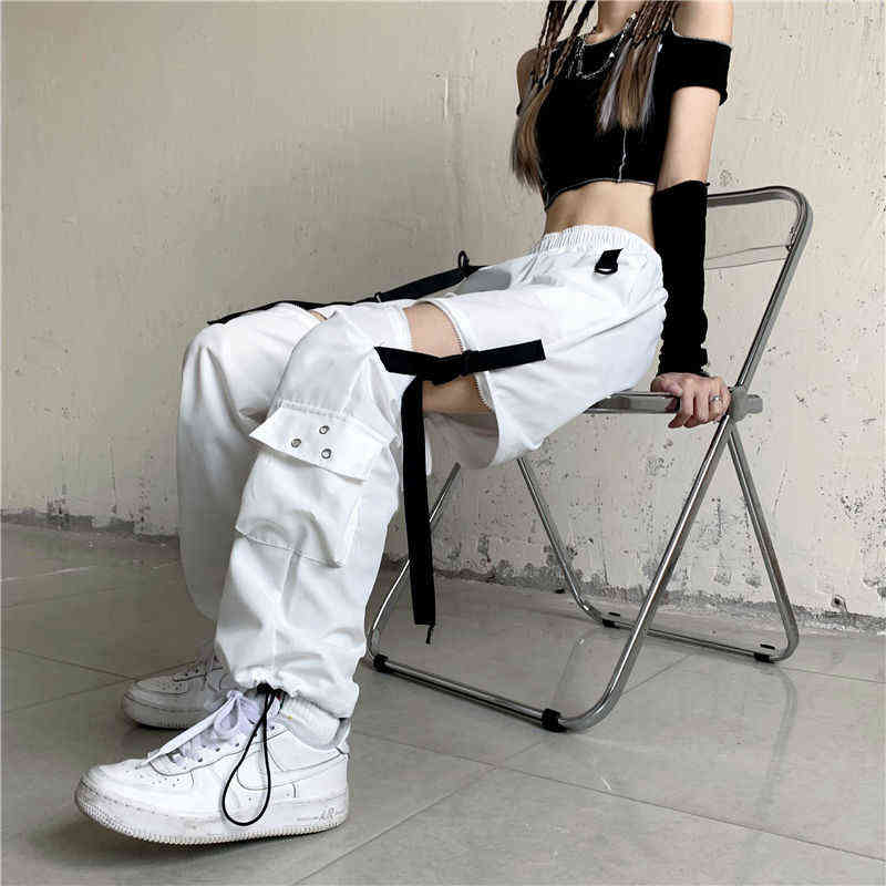 HOUZHOU White Streetwear Cargo Pant Y2k Harajuku Loose Patchwortk High Waist Trousers Casual Removable Techwear Korean 211124