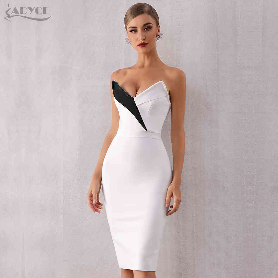 Summer Women Club Bandage Dress Sexy Sleeveless White Black V Neck Elegant Celebrity Evening Party Runway Dresses 210423