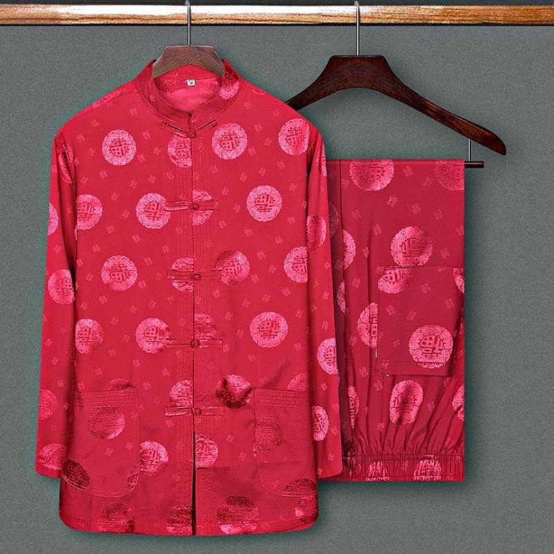 Tang Suit Shirt+Pants Shirt Mens Chinese Style Casual Shirts Men Kung Fu Uniform T-Shirt Mandarin Collar Long Sleeve Dragon 210524