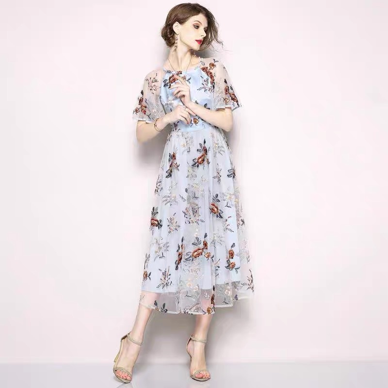 elegant summer maxi dress women light blue flower mesh dresses embroidery floral prairie chic drees beach vestidos mujer 210421