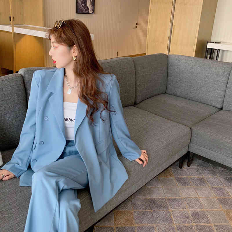 All Match OL Solid Women Retro Elegant Office Lady Blazers+ Loose Vintage Straight Trouser Suits 2 Piece Sets 210421
