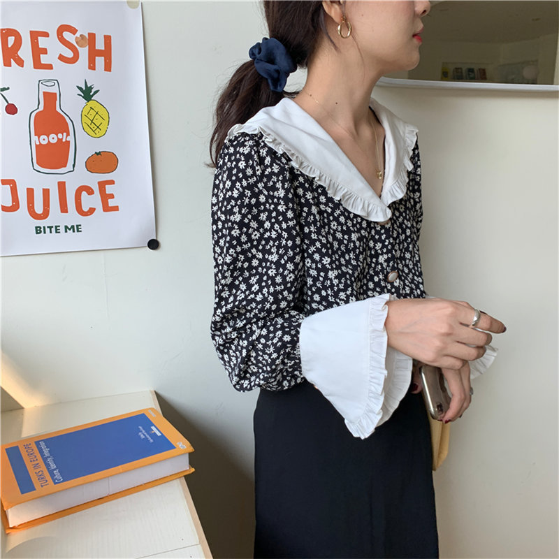 Ruffles Vintage Fashion Floral Print Shirts Women Blouse Flare Long Sleeve Elegant Loose Casual Sweet Clothes Blusas 10172 210506