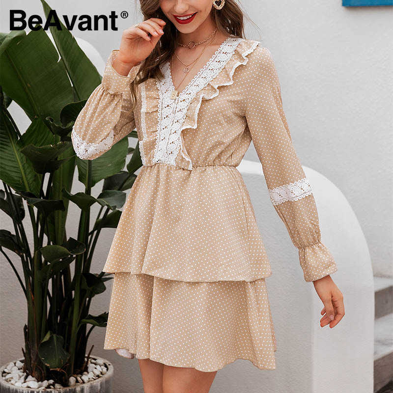 BeAvant Elegant vintage women work dress Fashion long sleeve solid dot lace mini dress Casual slim ladies holiday beach dress 210709