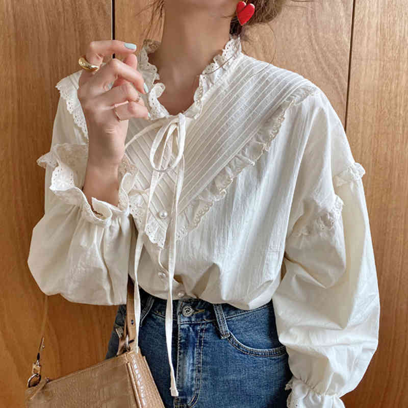Arrival Hollow Out Vintage Elegant Tops Women Shirt Solid Long Sleeve Korean Style Loose Blouses Blusas 9580 210506