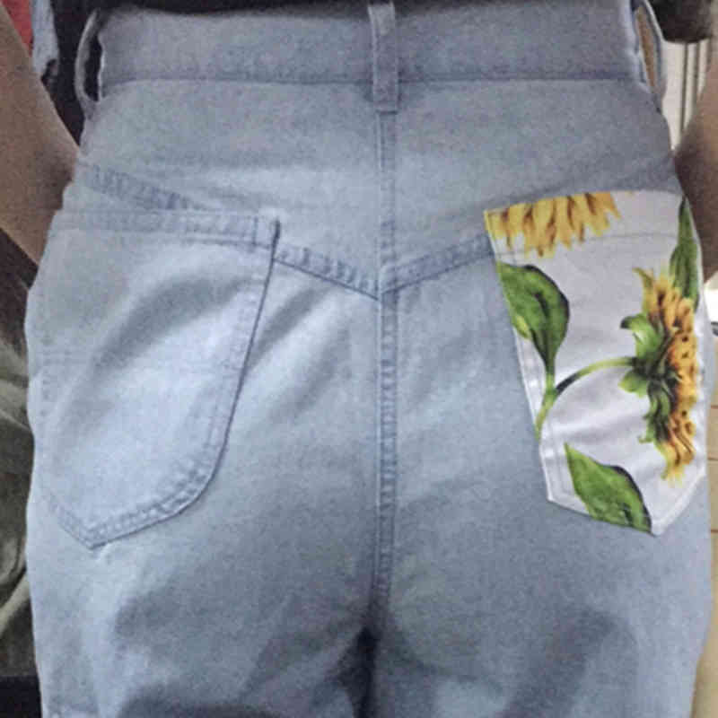 Trend Sunflowers Printed Light Blue Jeans fit women young Girls soft denim long pant patchwork Harem hight waist jeans 210222