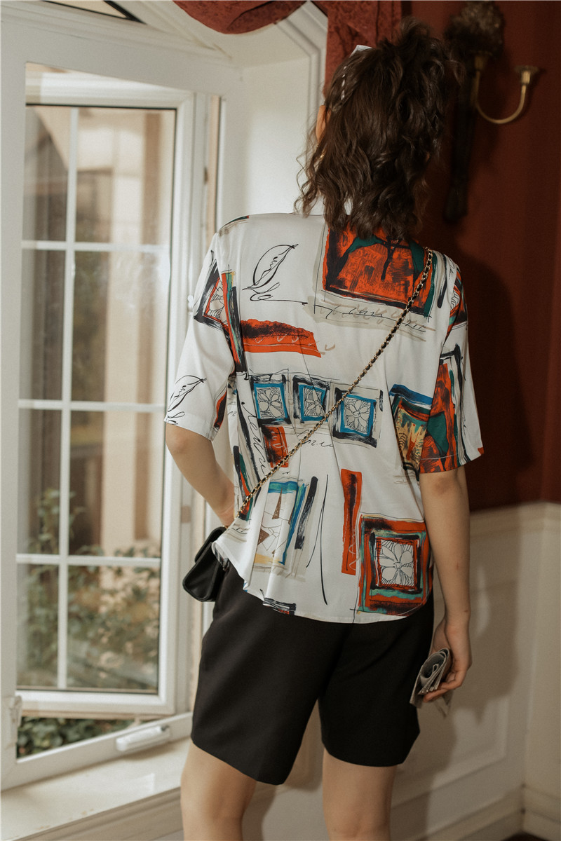 Baroque Vintage Blouse Summer Short Sleeve Button Up Shirt Print Loose Notched Collared Top And Clothing 210427