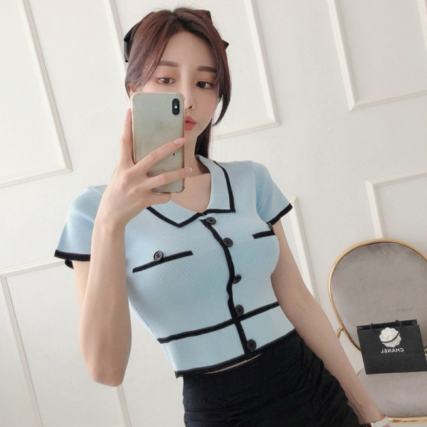 Summer Women 2pcs Set Sweet Knitted Lapel Short Sleeve T-Shirt Top + High Waist Bodycon Ruched Ruffles Mini Skirt 210519