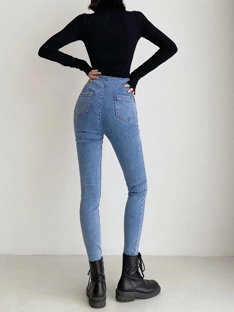Skinny Double-breasted Four Buttons High Waist Pencil Jeans Women Slim Fit Stretch Denim Pants Full Length Tight Trousers 210429