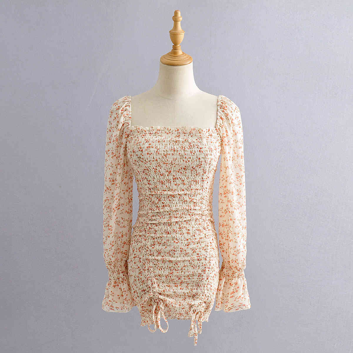 Bodycon Ruched long seleeve Dress Women Floral Print Short Elegant Bandage Boho Elastic autumn winter 210415