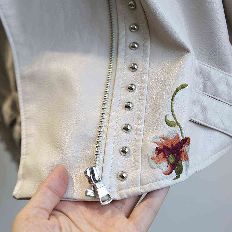 YIZZHOY Spring Autumn Floral Print Embroidery Faux Leather Jacket Women High Street Motorcycle Black Punk Outerwear Biker Jacket 211117