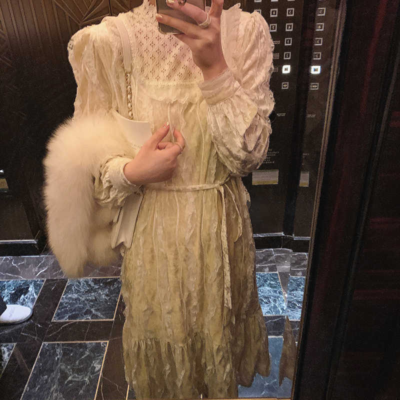 Yedinas Vintage Lace Long Dress Women Stand Collar Vestidos With Belt Ladies Diamond Velvet Dresses Spun Yarn Elegant Robe Femme 210527