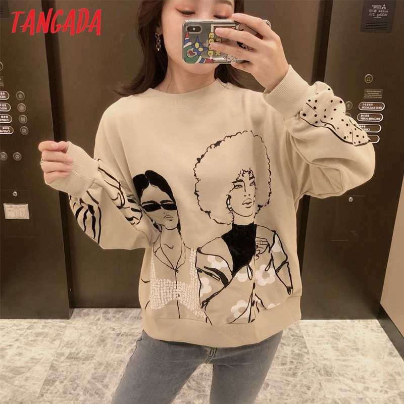 Tangada Women Charater Print Gray Sweatshirts Oversize Long Sleeve O Neck Loose Pullovers Female Tops 4H1 211013