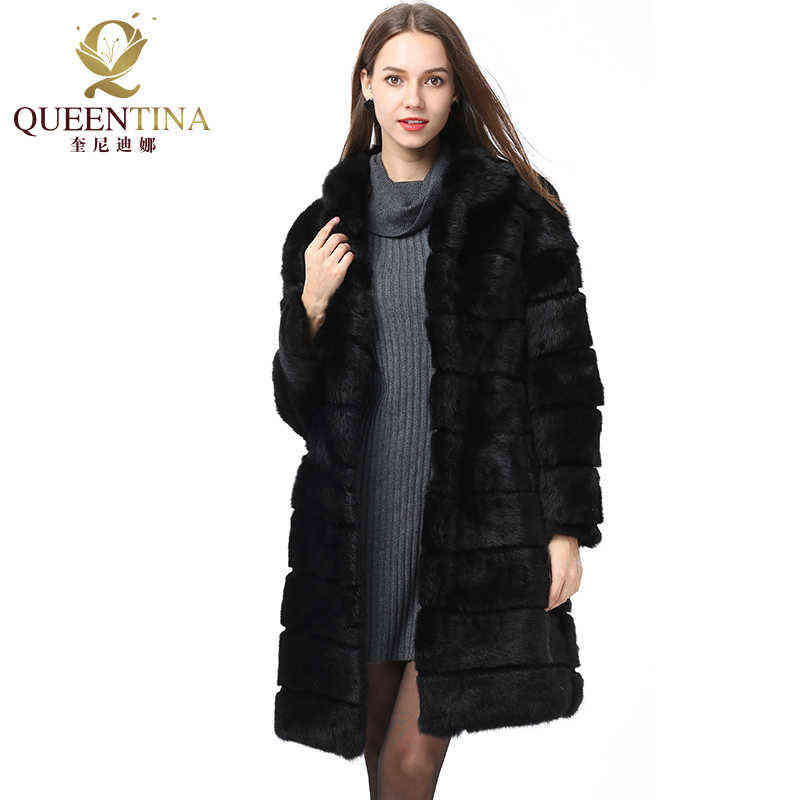 Winter Real Rabbit Fur Coat Stand Collar Thick Soft Warm Natural Fur Long Jacket Women Outwear Full Pelt Fur Coats 211123