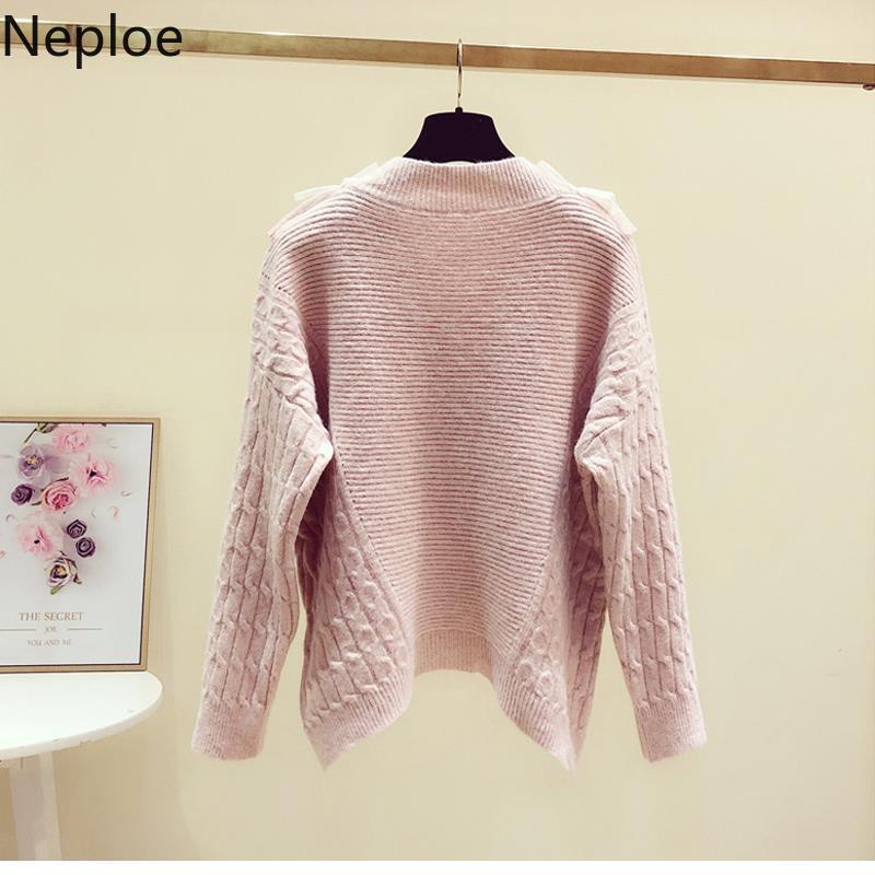 Sweet Knitwear Pullovers Ruffles V-neck Sweaters for Women Heavy Thicken Warm Sueter Lace Patchwork Jumper Winter Clothes 210430