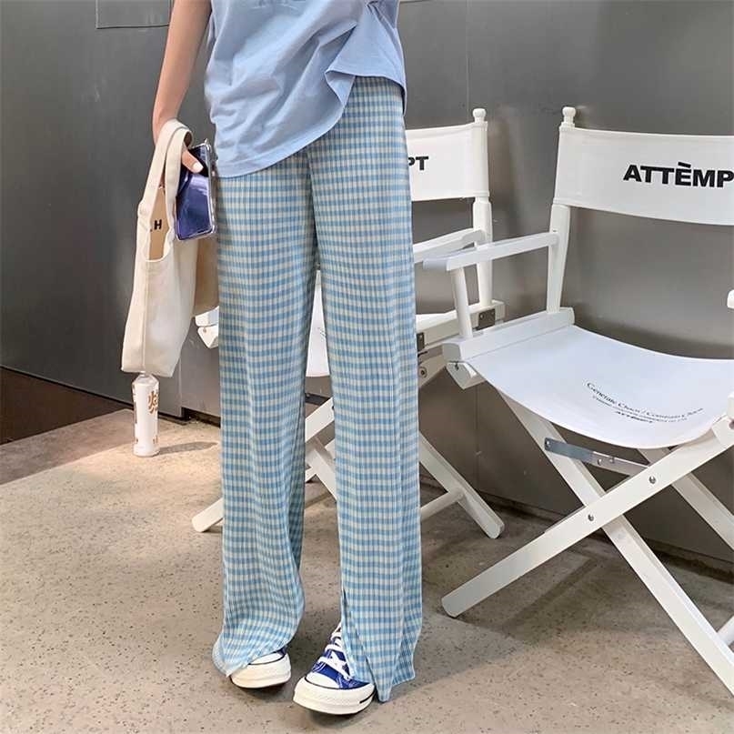 HziriP Blue Plaid Slit High Waist Draping Thin Loose Women Chic Fashion All-Match Straight Pleated Casual Mopping Pants 211115